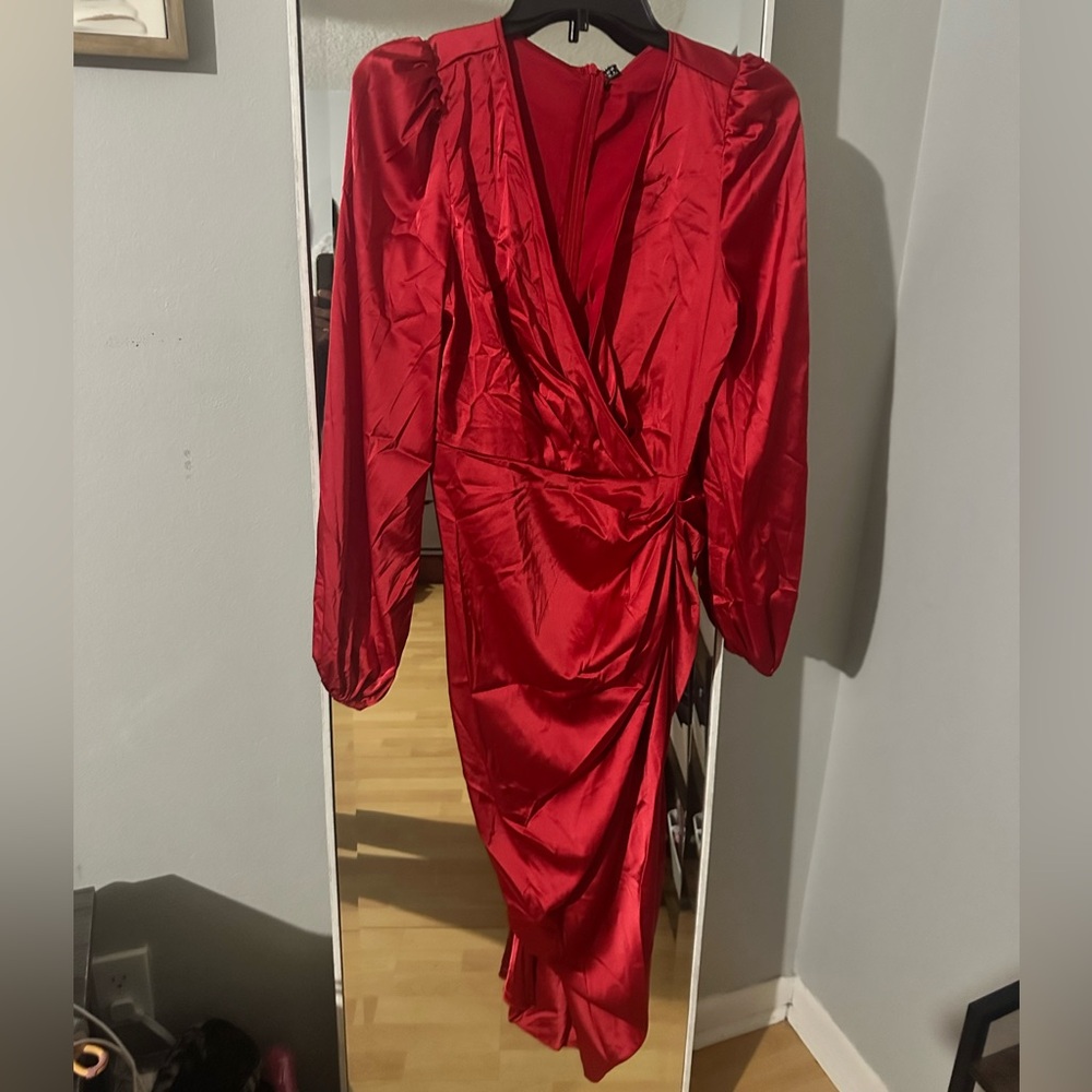 SHEIN Red Long Sleeve Satin Dress